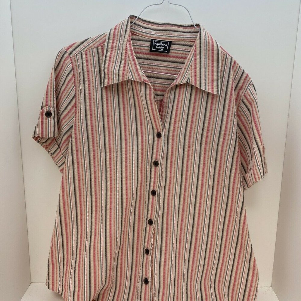 Southern Lady Blouse Size M Pink Gray Coral Stripe